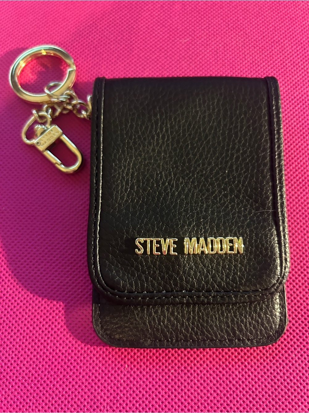 Steve Madden Black Leather Key & Card Holder with Gold Hardware